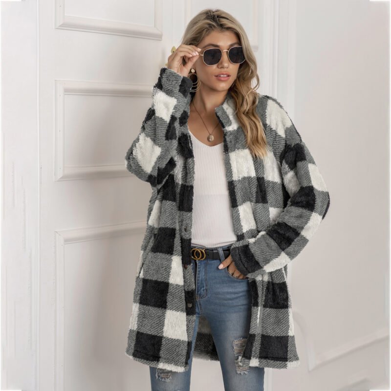 4871363230731.Jpg Colorblock Plaid Fleece Jacket Fashion Single Breasted Long Jacket Women'S Clothing