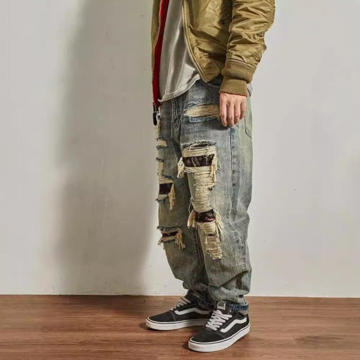 Jeans Men's Loose Straight Tapered Distressed Broken Holes Pants - Image 2