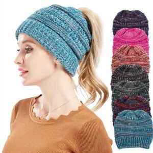 Mixed Color Knitted Wool Hat Ladies Non-Labeled Ponytail Hat