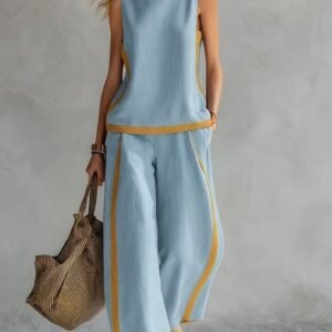 Summer Suits Round-Neck Sleeveless Vest Top And High-Waist Wide-Leg Pants Casual Loose Set