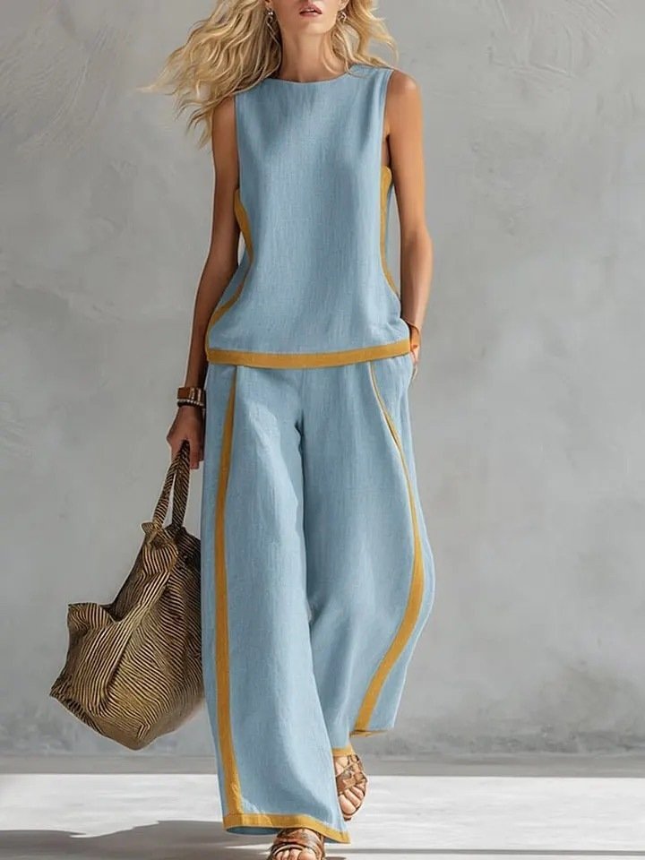 Summer Suits Round-Neck Sleeveless Vest Top And High-Waist Wide-Leg Pants Casual Loose Set