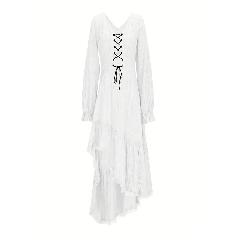 53E3F331-F33B-4851-A2B9-B5C907E62242.Jpg Women'S Solid Color Deep V-Neck Irregular Ruffle Hem Sexy Tie-Waist With Cuffed Sleeves Summer Gothic Lace Trim Midi Dress