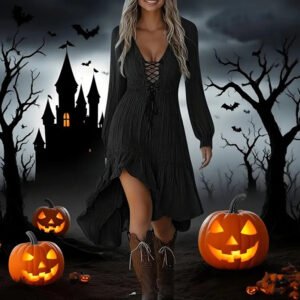 578E2Bc7-3Ede-4Dcd-98Db-7182D590Fd7E.jpg Women'S Solid Color Deep V-Neck Irregular Ruffle Hem Sexy Tie-Waist With Cuffed Sleeves Summer Gothic Lace Trim Midi Dress