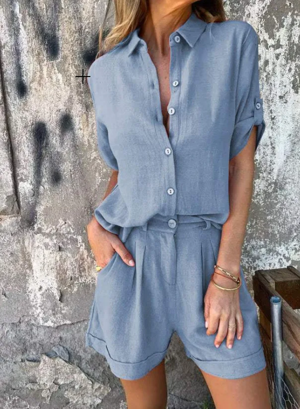 Short-Sleeved Suits Fashion Lapel Button Shirt Top And Pocket Shorts Women'S Clothing