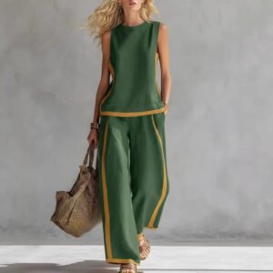 Summer Suits Round-Neck Sleeveless Vest Top And High-Waist Wide-Leg Pants Casual Loose Set