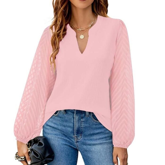 Womens Casual Lace Long Sleeve Chiffon Shirts Dressy Casual V Neck Blouses Business Work Tops - Image 3