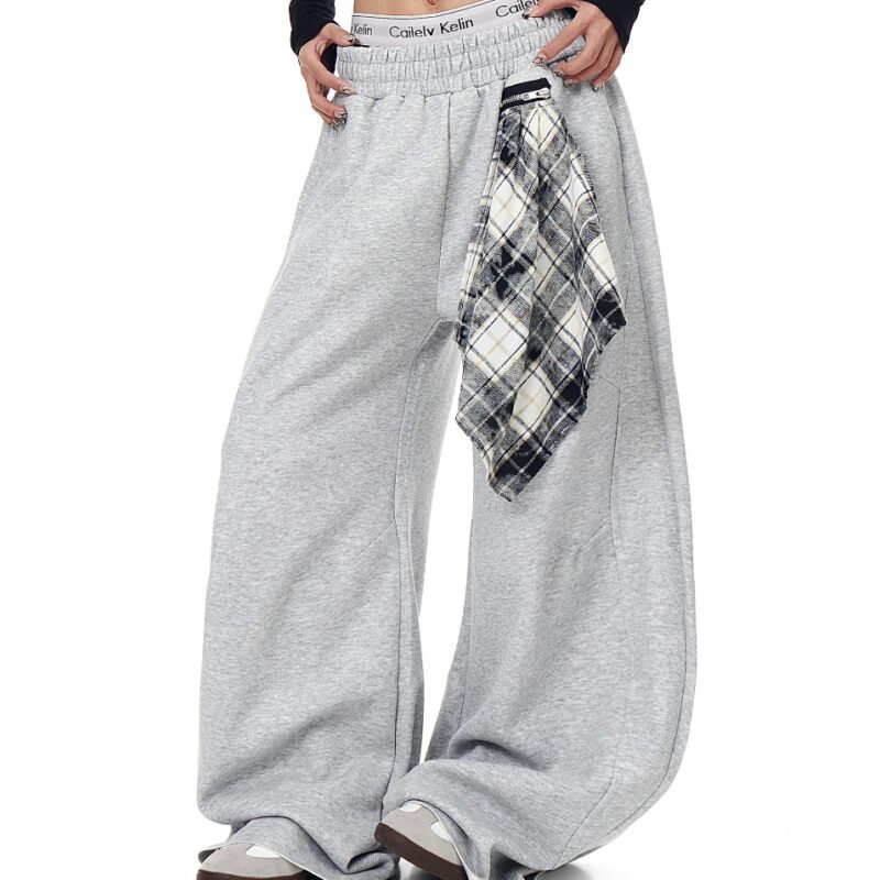 Retro Detachable Plaid Square Scarf Loose Wide-Leg Pants