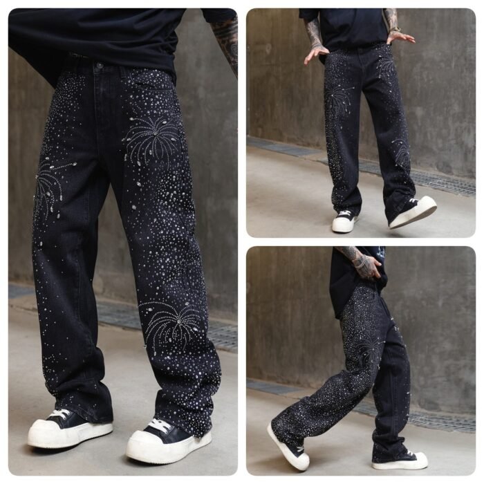 Men's High Street Washed Straight Full Diamond Design Jeans - Image 4