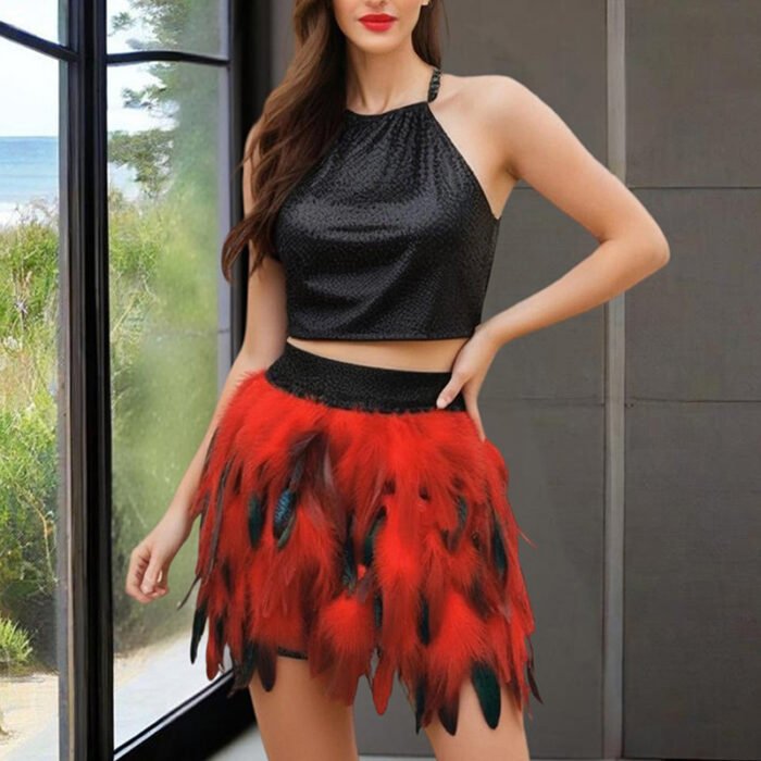 Women's Unique Faux Feather Asymmetrical Mini Skirt - Gothic Party Dance Skirt For Summer Events - Image 4