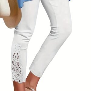 White Tights Lace Stitching Hollow-Out Cropped Trousers For Women