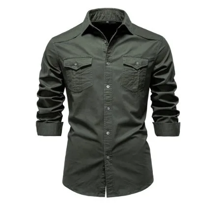 Men'S Long-Sleeved Denim Shirt Casual Solid Button Slim Tops Clothing