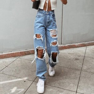 Women'S American Retro Hole-Punched Jeans Women High Waist Straight-Crotch Loose Slim Design High-Street Vibe Wide-Legged Dragging Pants