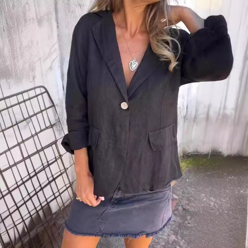 617490Bb-0A89-4E85-81E7-D4D8279Ee7E2.Jpg Women'S Elegant Fashion Loose Solid Color Buttons Cotton And Linen Suit Jacket