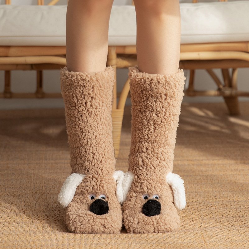Cute Cartoon Dog Floor Socks Winter Warm Non-Slip Plush Socks For Women