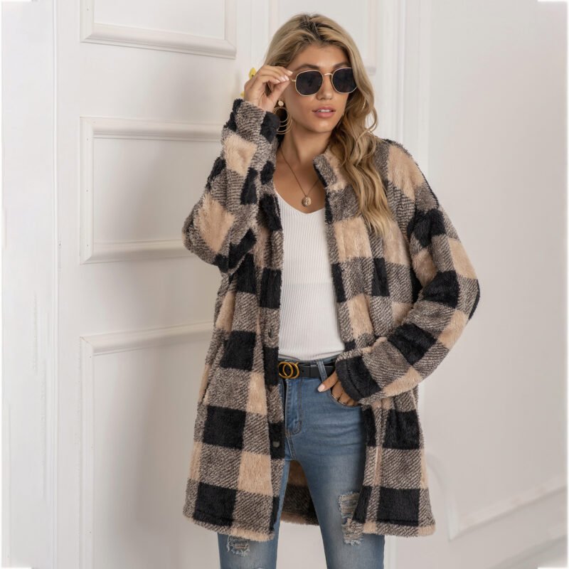 623820700168.Jpg Colorblock Plaid Fleece Jacket Fashion Single Breasted Long Jacket Women'S Clothing