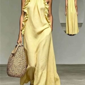 Resort Style Ruffled Halter Neck Sleeveless Maxi Dress - Loose Fit Flattering Flowy Skirt For Party Evening Gown