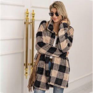 631035321681.Jpg Colorblock Plaid Fleece Jacket Fashion Single Breasted Long Jacket Women'S Clothing