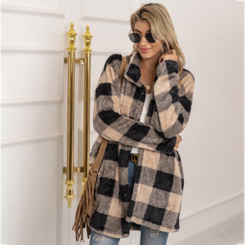 631035321681.Jpg Colorblock Plaid Fleece Jacket Fashion Single Breasted Long Jacket Women'S Clothing