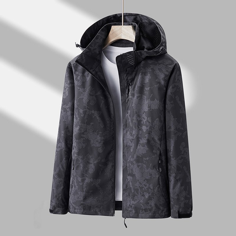 Printed Hooded Windbreaker Unisex Fashion Solid Color Zip-Up Jacket Waterproof Windproof Outwear For Women Men Clothing