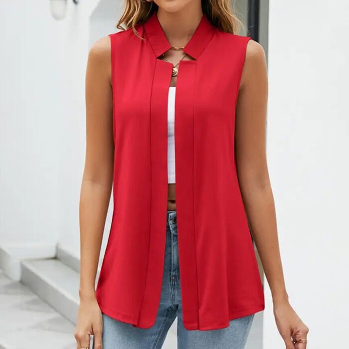 Women's Elegant Solid Sleeveless Vest Cardigan - Stand Collar Summer Outerwear - Image 2