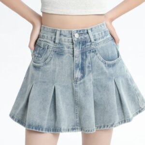 Retro Denim Skirt Summer A- Line Pleated Skirt