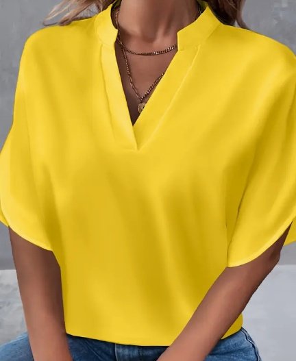 Lightweight Solid Color Notch Neck Blouse - Stylish Short Split Sleeves For Spring &Amp; Summer - Trendy Womens Casual Top