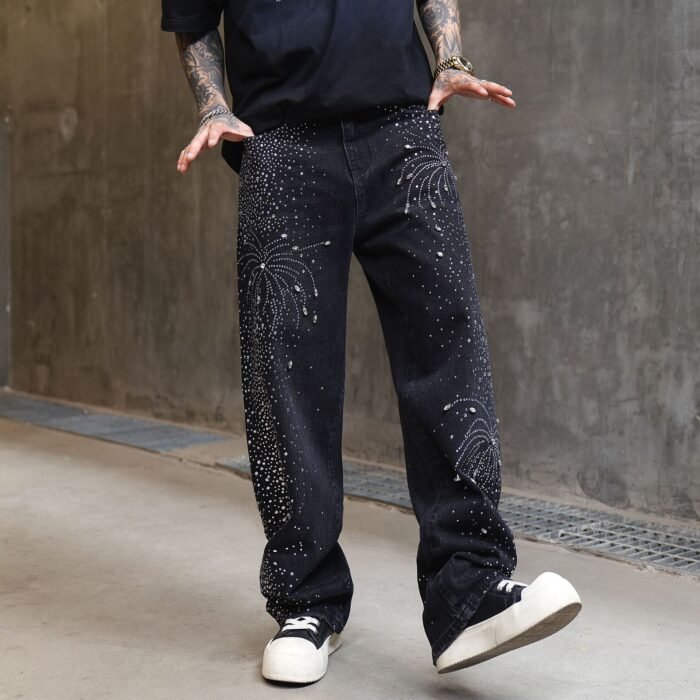 Men's High Street Washed Straight Full Diamond Design Jeans - Image 5