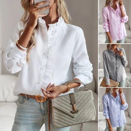 Striped Long Sleeve Shirt Fashion Ruffle Design Button Up Tops Casual Office Blouse Elegant Commuting Women'S Clothing