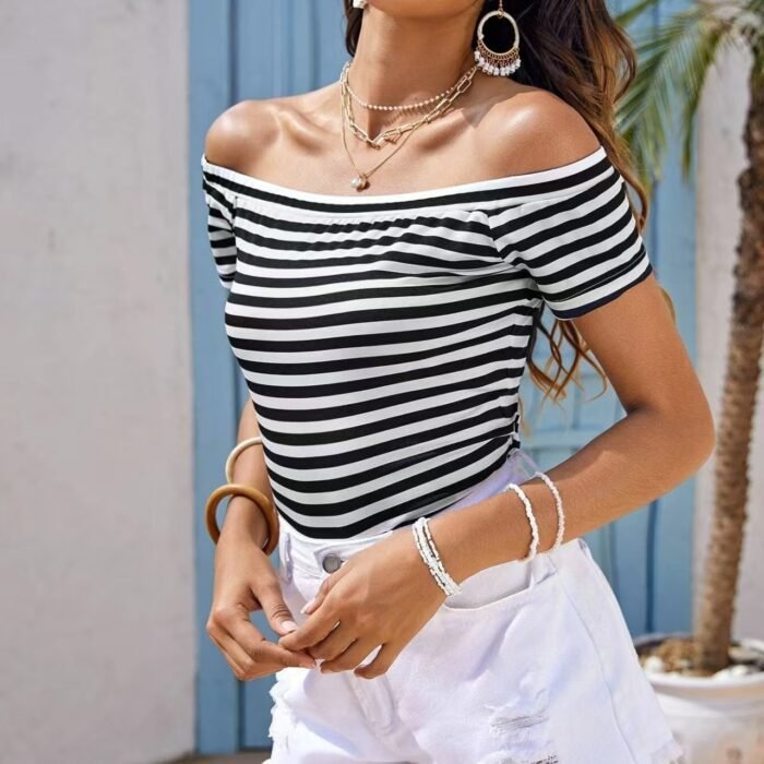 Ladies' Off Shoulder Striped Top Casual One Shoulder Shirt - Image 4