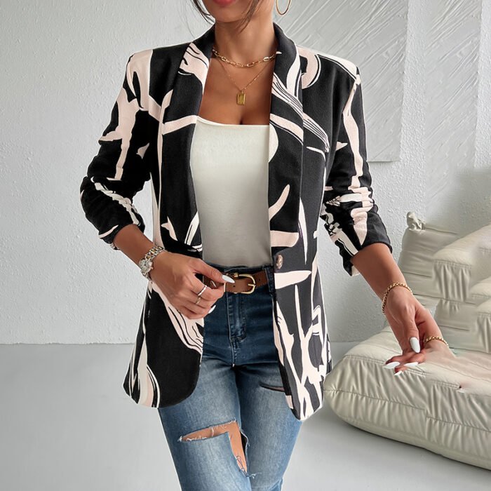 Women's Abstract Print Blazer Button Front Lapel Long Sleeve Office Blazer Elegant Work Jacket For Women - Image 6