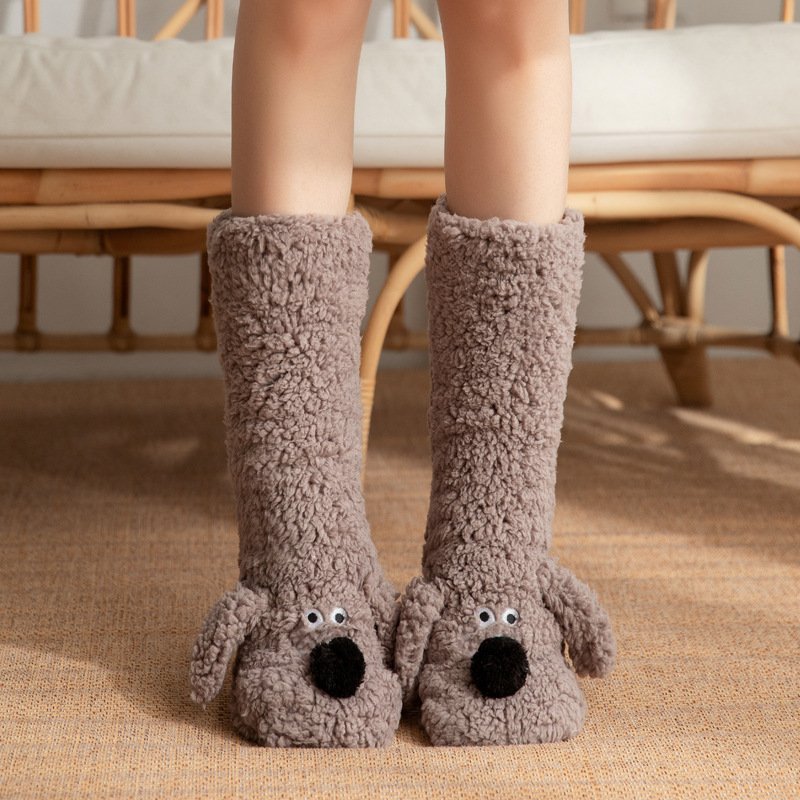 Cute Cartoon Dog Floor Socks Winter Warm Non-Slip Plush Socks For Women