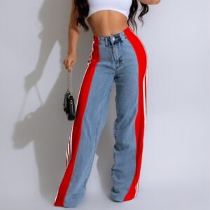 77546Bd5-A79D-40E3-B112-A1Dacff29C5A.jpg 2024 Fashion Casual High Waist Elastic Straight Leg Trousers Three Stripe Patchwork Denim Wide Leg Pants Streetwear