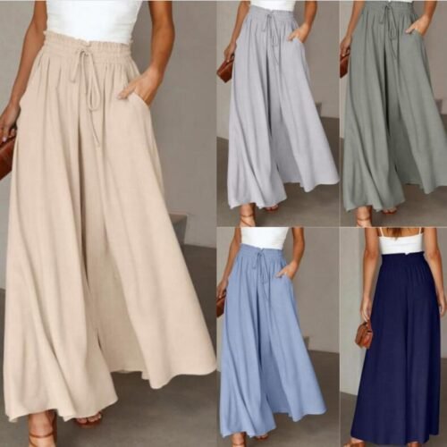 77da79fe-d9ba-47b1-939d-bd665dff55fc.jpg Women's Fashion Wide Leg Elastic Waistband Wide Leg High Waist Long Dress Pants
