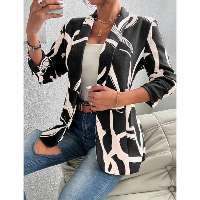 Women's Abstract Print Blazer Button Front Lapel Long Sleeve Office Blazer Elegant Work Jacket For Women - Image 4