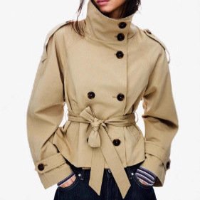 7D045934-03A5-4622-9C64-82B63F7988De.jpg Stand Collar Temperament Commute Double Breasted Waist-Controlled Lace-Up Short Trench Coat