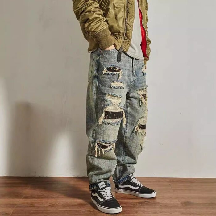 Jeans Men's Loose Straight Tapered Distressed Broken Holes Pants - Image 3
