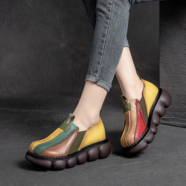 New Fashion Color-Blocking Ethnic Style Round Toe Thick Sole Shoes
