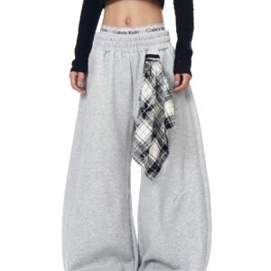 Retro Detachable Plaid Square Scarf Loose Wide-Leg Pants