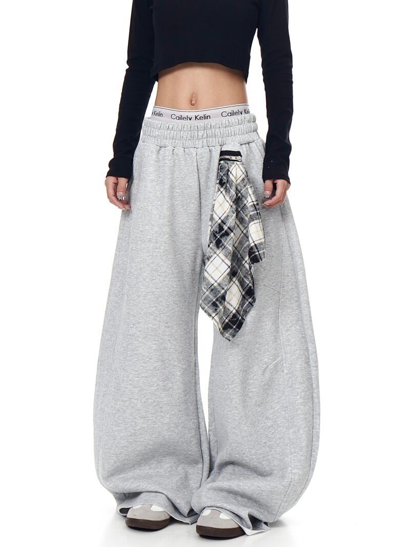 Retro Detachable Plaid Square Scarf Loose Wide-Leg Pants