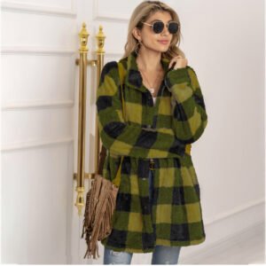 870727309771.Jpg Colorblock Plaid Fleece Jacket Fashion Single Breasted Long Jacket Women'S Clothing