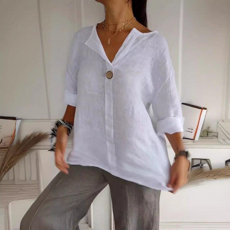 877Ec2E4-070B-4148-A266-C171F655F6F8.Jpg V-Neck Long-Sleeved T-Shirt Fashion Loose Cotton And Linen Button Tops For Women