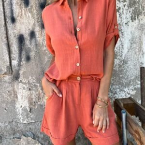 9049E4Bc-6C4F-4F7C-B5Ca-50D26C6A1E69.Jpg Short-Sleeved Suits Fashion Lapel Button Shirt Top And Pocket Shorts Women'S Clothing