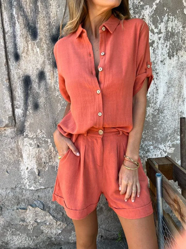 Short-Sleeved Suits Fashion Lapel Button Shirt Top And Pocket Shorts Women'S Clothing