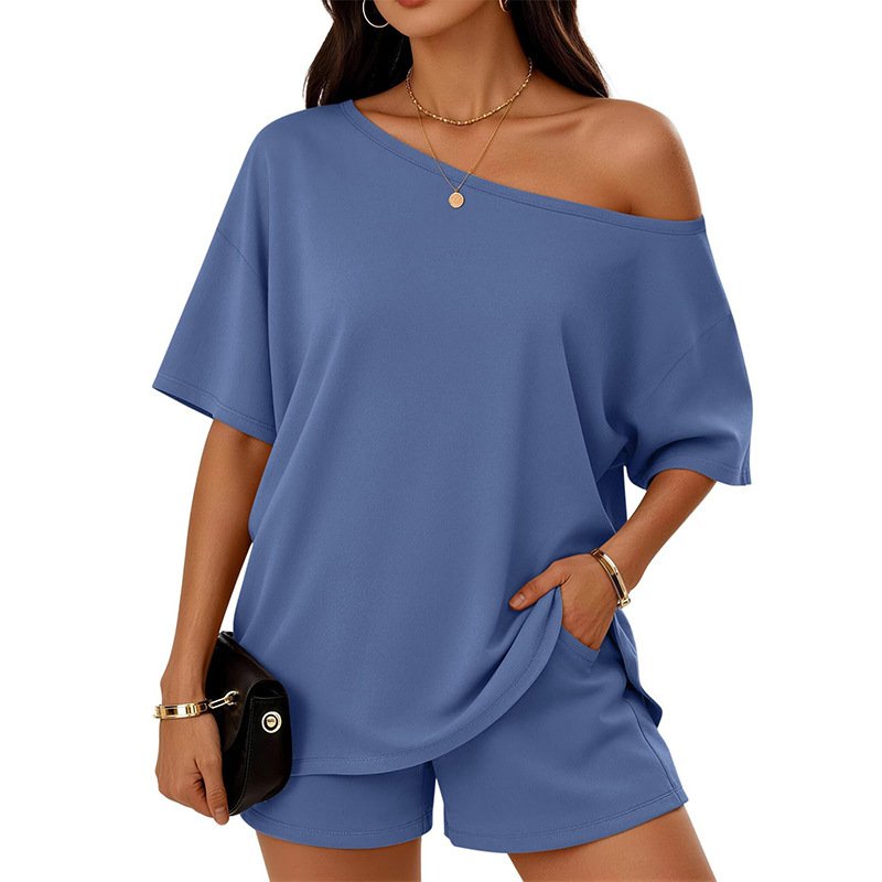 Womens 2-Piece Fashionable Casual Set Slant-Neck Top And Shorts  For Loungewear Daily Wear Work Gym Outfit