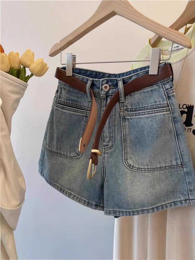 High Waist Denim Shorts For Women, Loose Design, Niche Retro Wide-Leg A-Line Thin Hot Pants