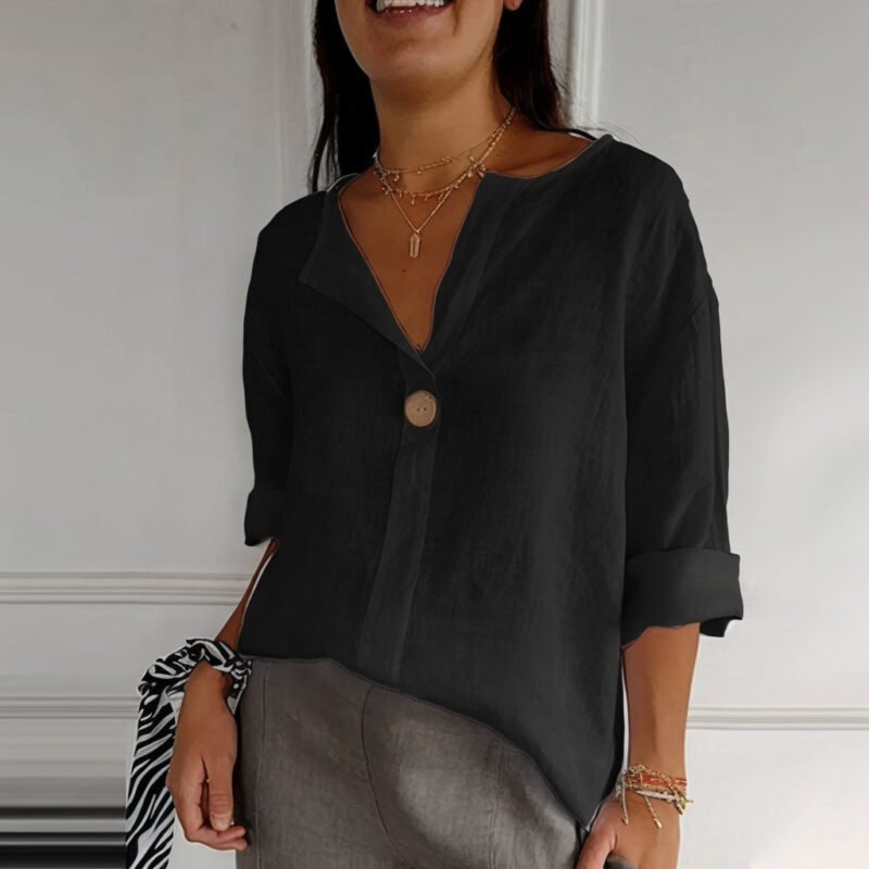 98C0Ad61-Fa43-4200-A8A3-Ed41Fba12Ae7.Jpg V-Neck Long-Sleeved T-Shirt Fashion Loose Cotton And Linen Button Tops For Women