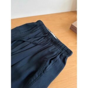 Blue Elastic Waistband Lace-Up Cotton Linen Wide-Leg Pants