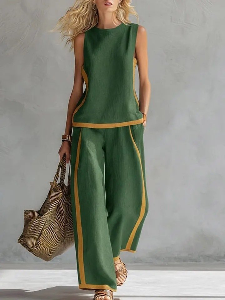 Summer Suits Round-Neck Sleeveless Vest Top And High-Waist Wide-Leg Pants Casual Loose Set