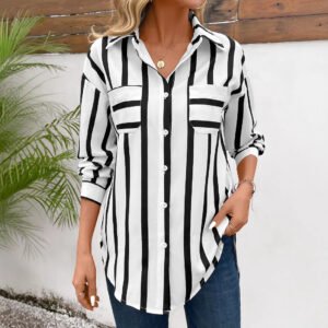 Fashion Vertical Stripes Multi-Color Shirt Coat Women