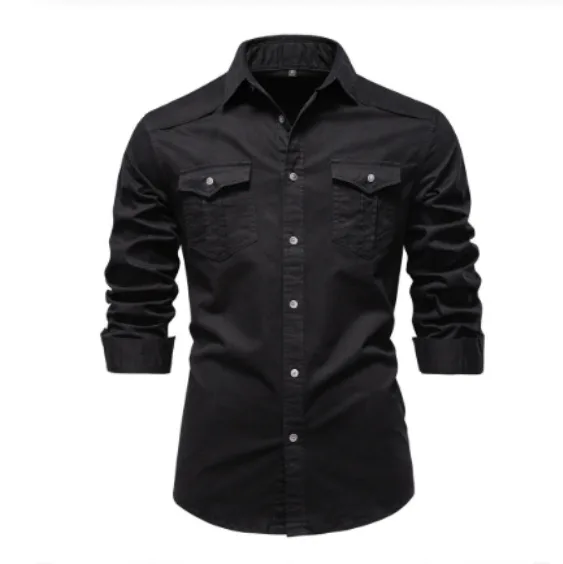 Men'S Long-Sleeved Denim Shirt Casual Solid Button Slim Tops Clothing